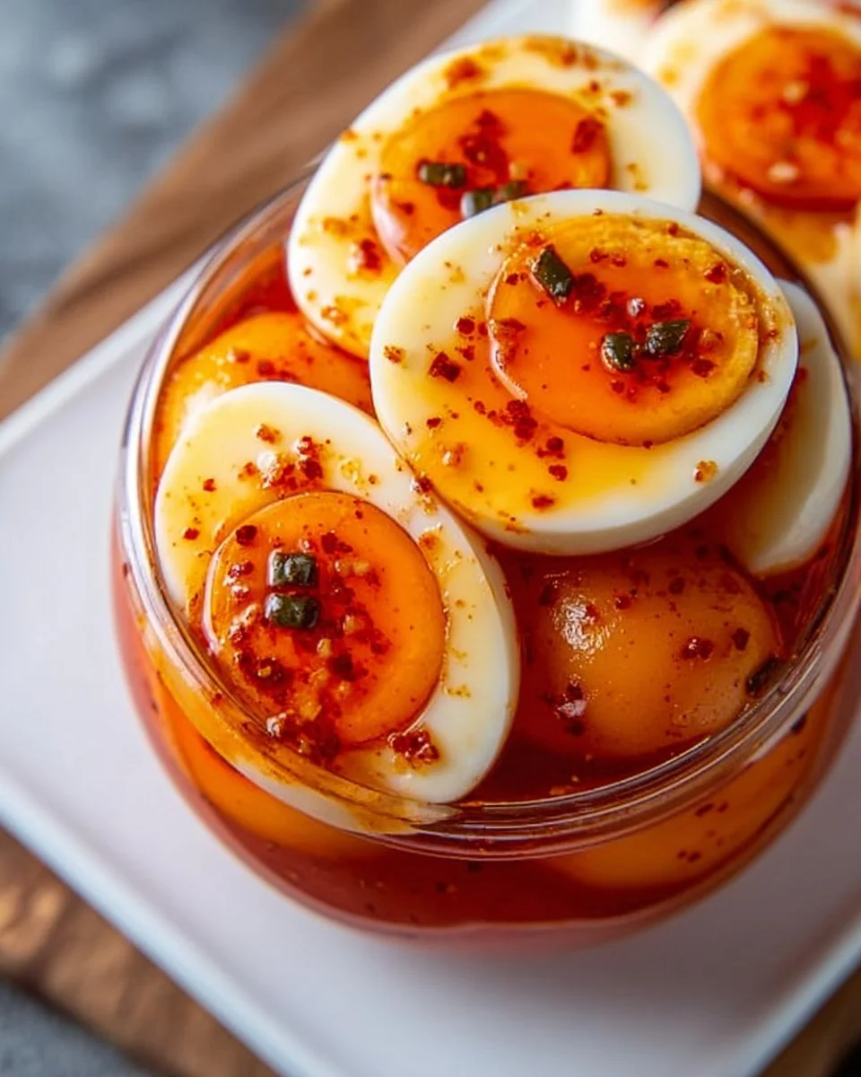 Buffalo Sauce Pickled Eggs served in a bowl with garnish