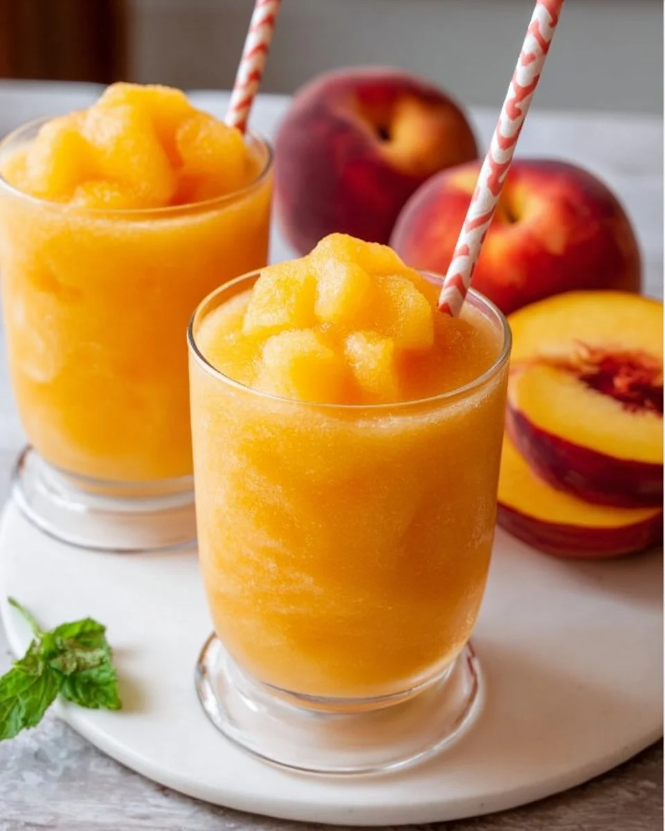 Refreshing homemade peach slurpees served in a vibrant cup