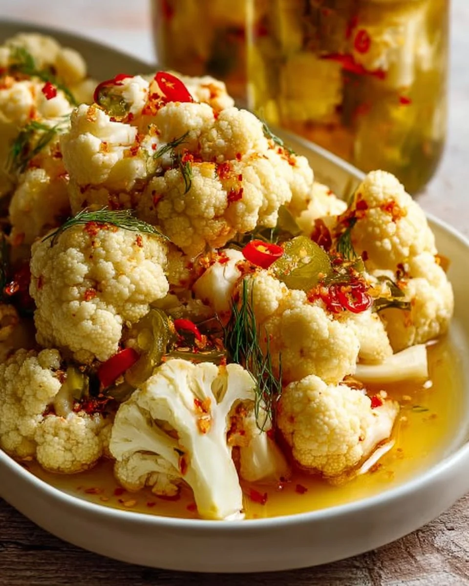 Jar of homemade pickled cauliflower with spices and herbs