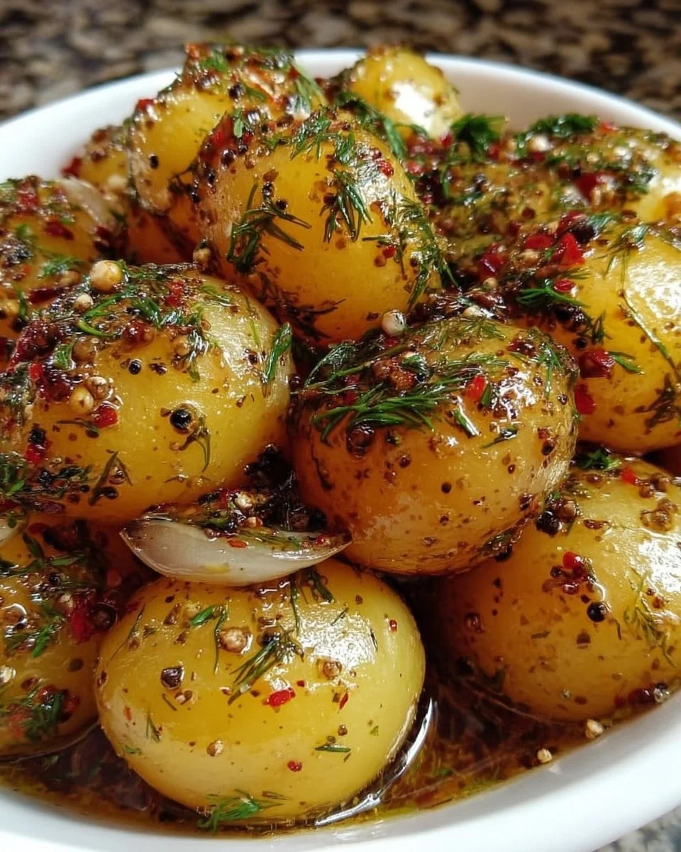 Jars of homemade pickled potatoes ready to be served.