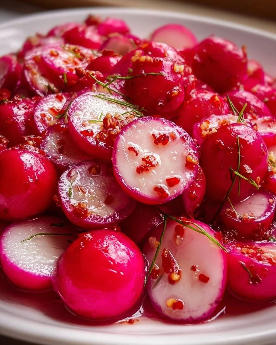 Jar of homemade pickled radishes with spices and herbs