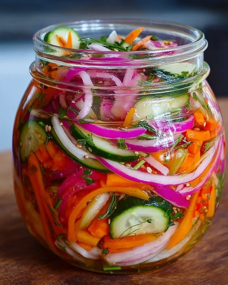 Jar of quick fridge pickled vegetables with colorful carrots and cucumbers