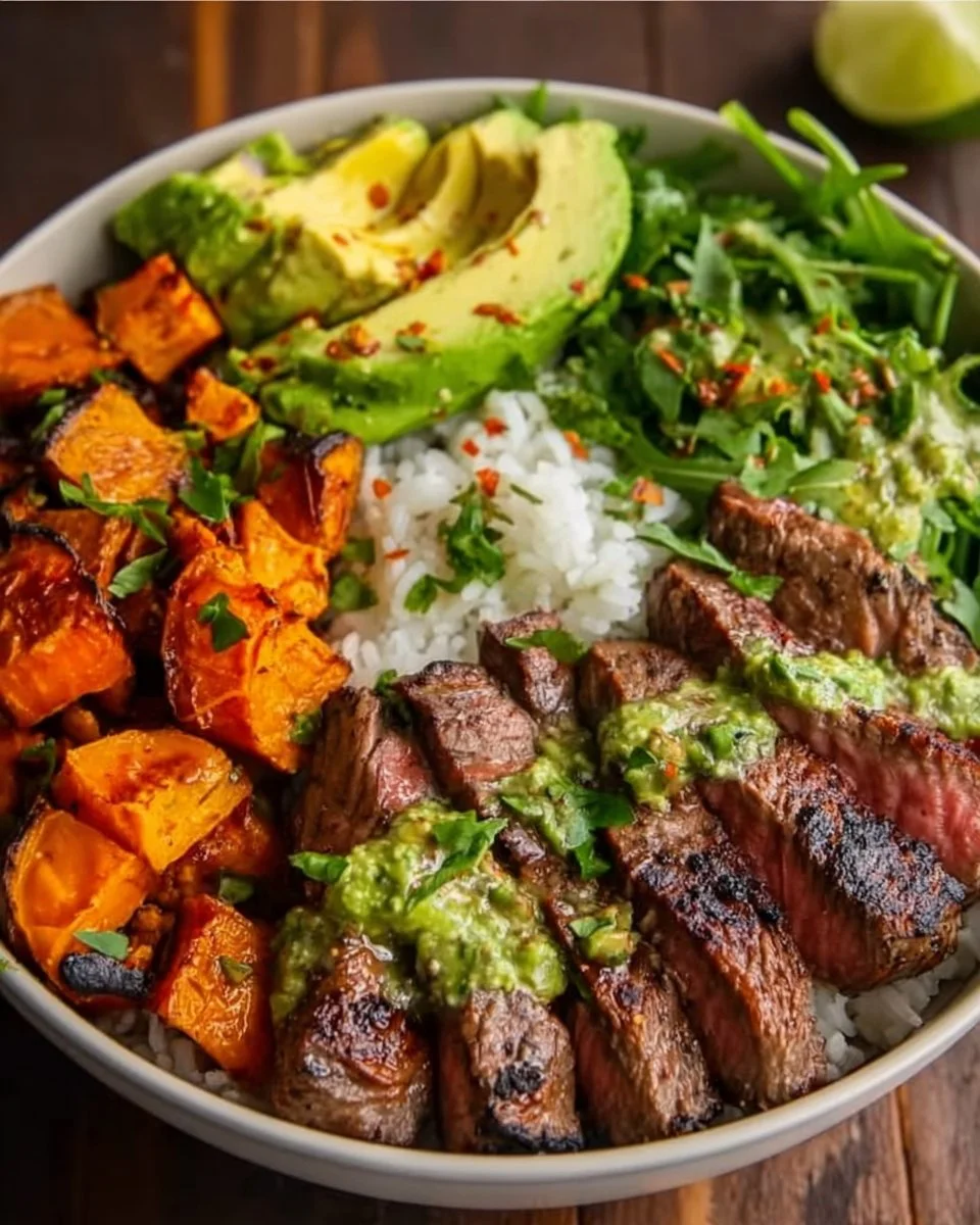 Steak and Sweet Potato Bowls with Avocado-Cilantro Drizzle