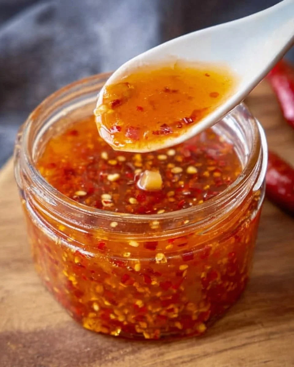 Homemade sweet chili sauce with pineapple in a clear glass bowl.