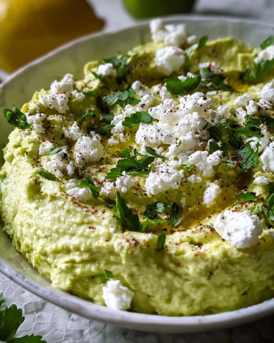 Creamy avocado feta dip served in a bowl with fresh herbs