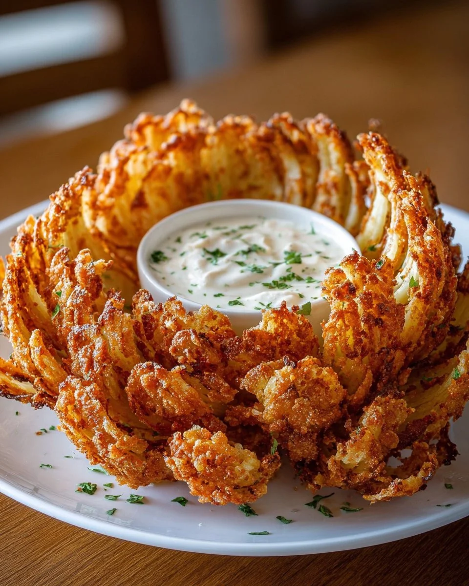 Crispy Blooming Onion served with dipping sauce on a platter