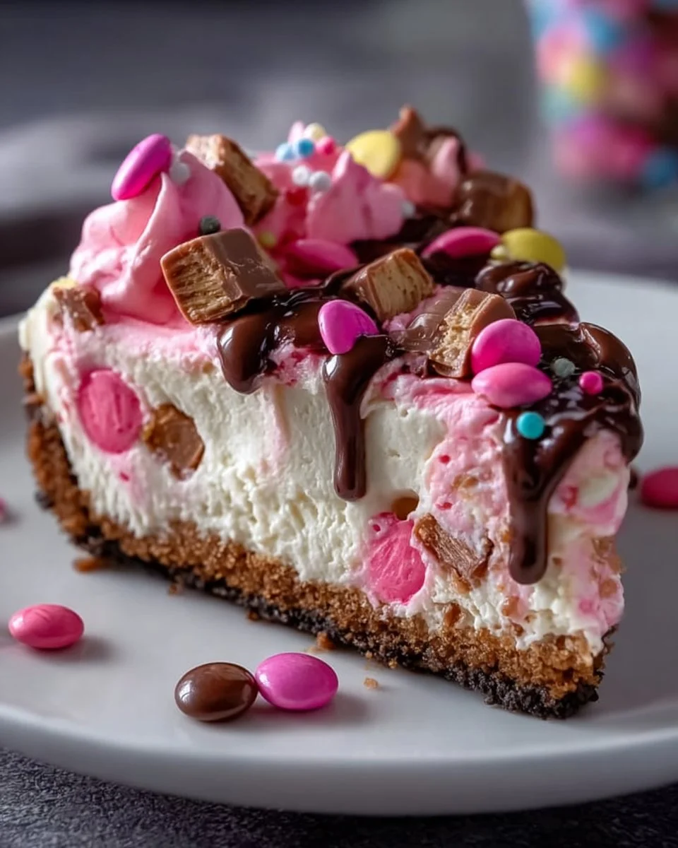 Pink M&amp;M Snickers Cheesecake