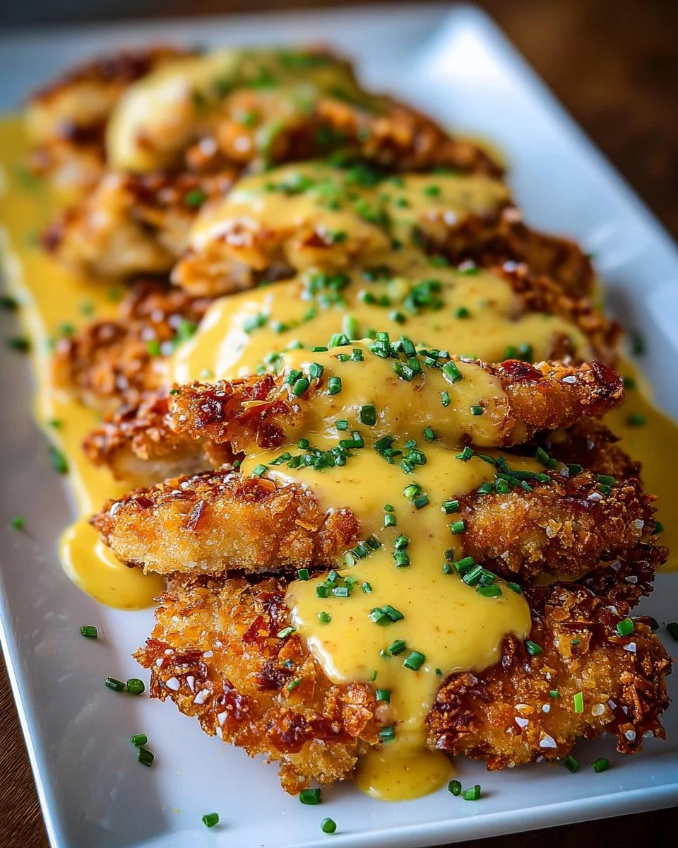 Pretzel-Crusted Chicken with Mustard Cheddar Sauce