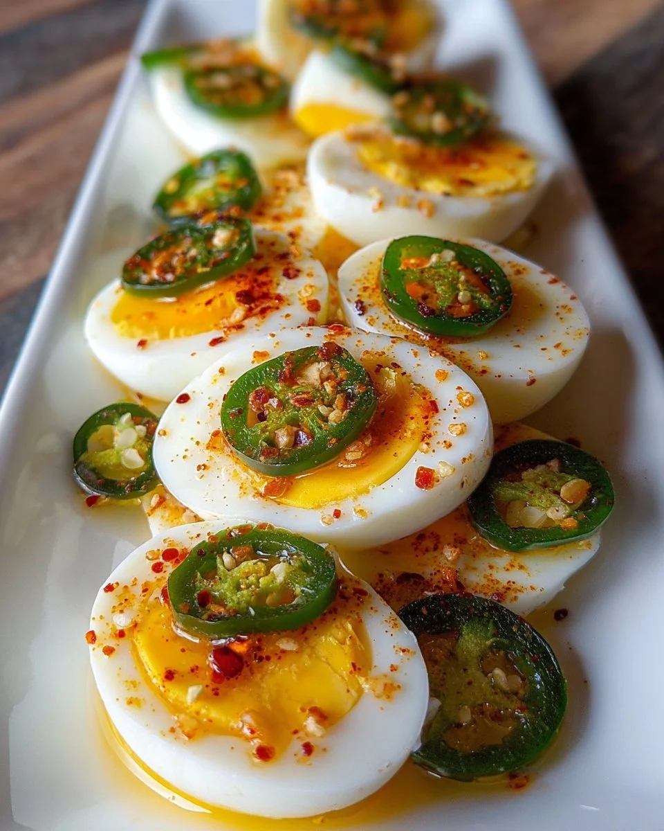 Spicy Pickled Eggs in a jar with herbs and spices