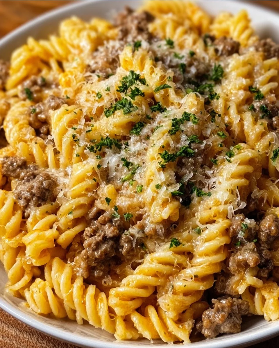Beef and Rotini in Garlic Parmesan Sauce