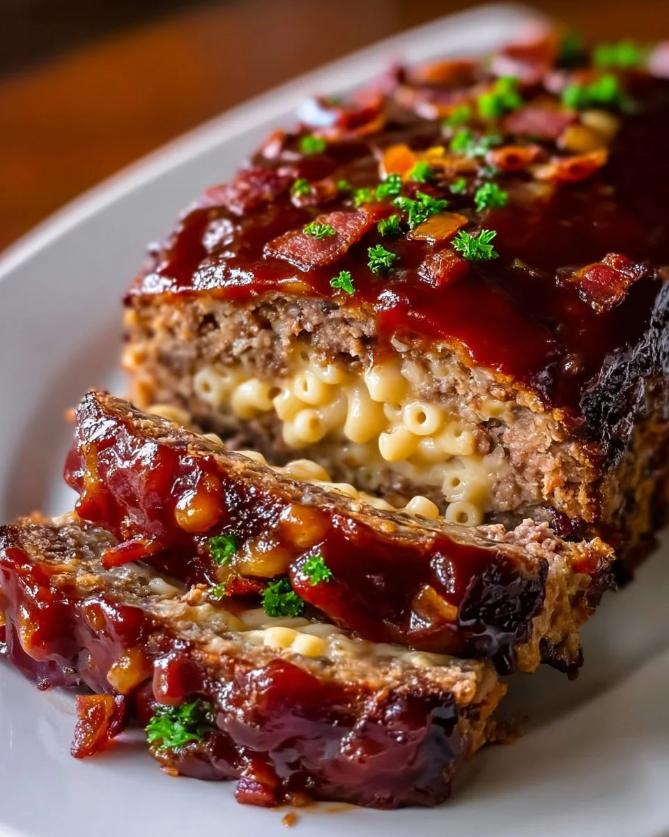 Sticky Maple BBQ Bacon Meatloaf Stuffed With Creamy Mac and Cheese
